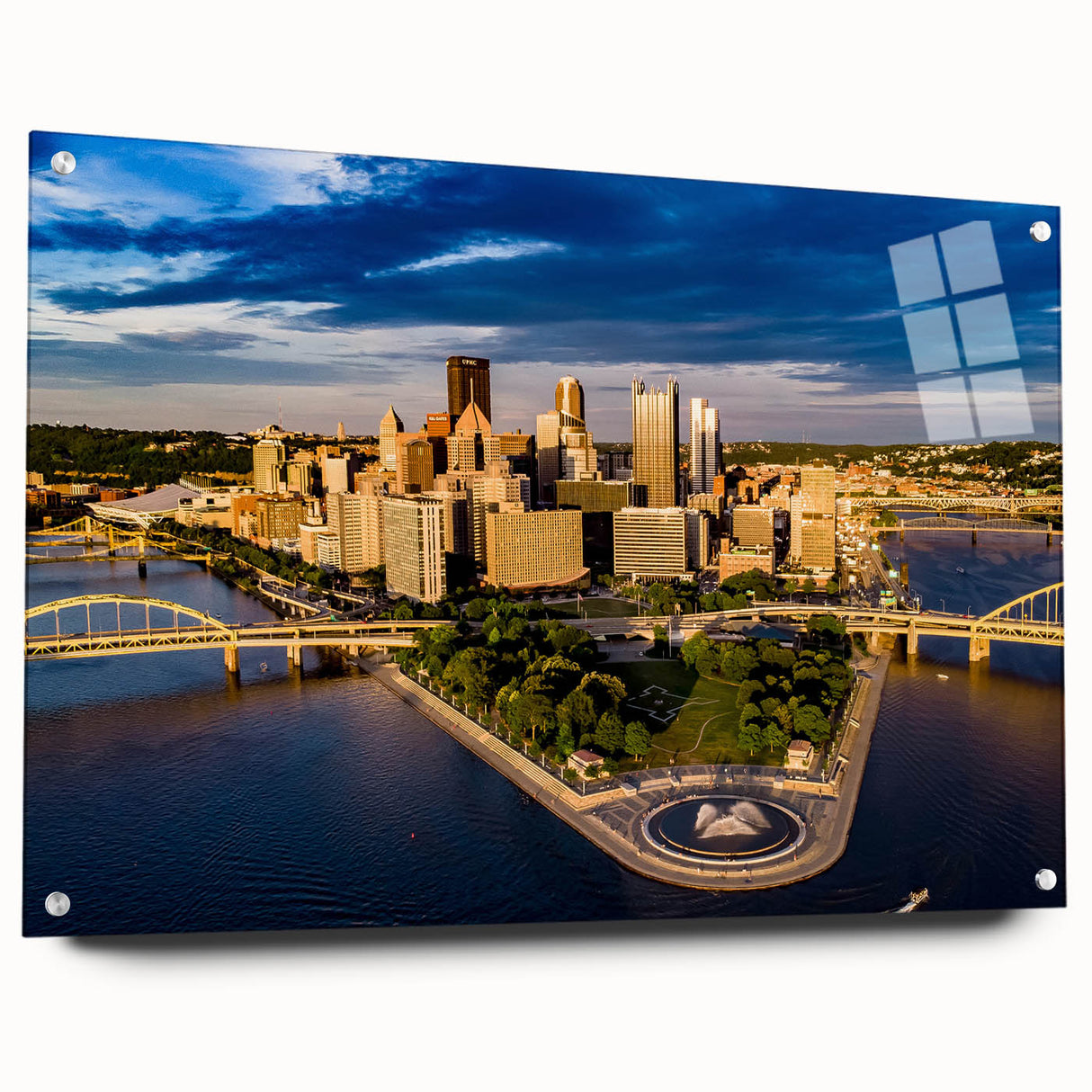 Acrylic print of Pittsburgh skyline in muted gray and blue tones, suitable for bedroom or dining room wall art.