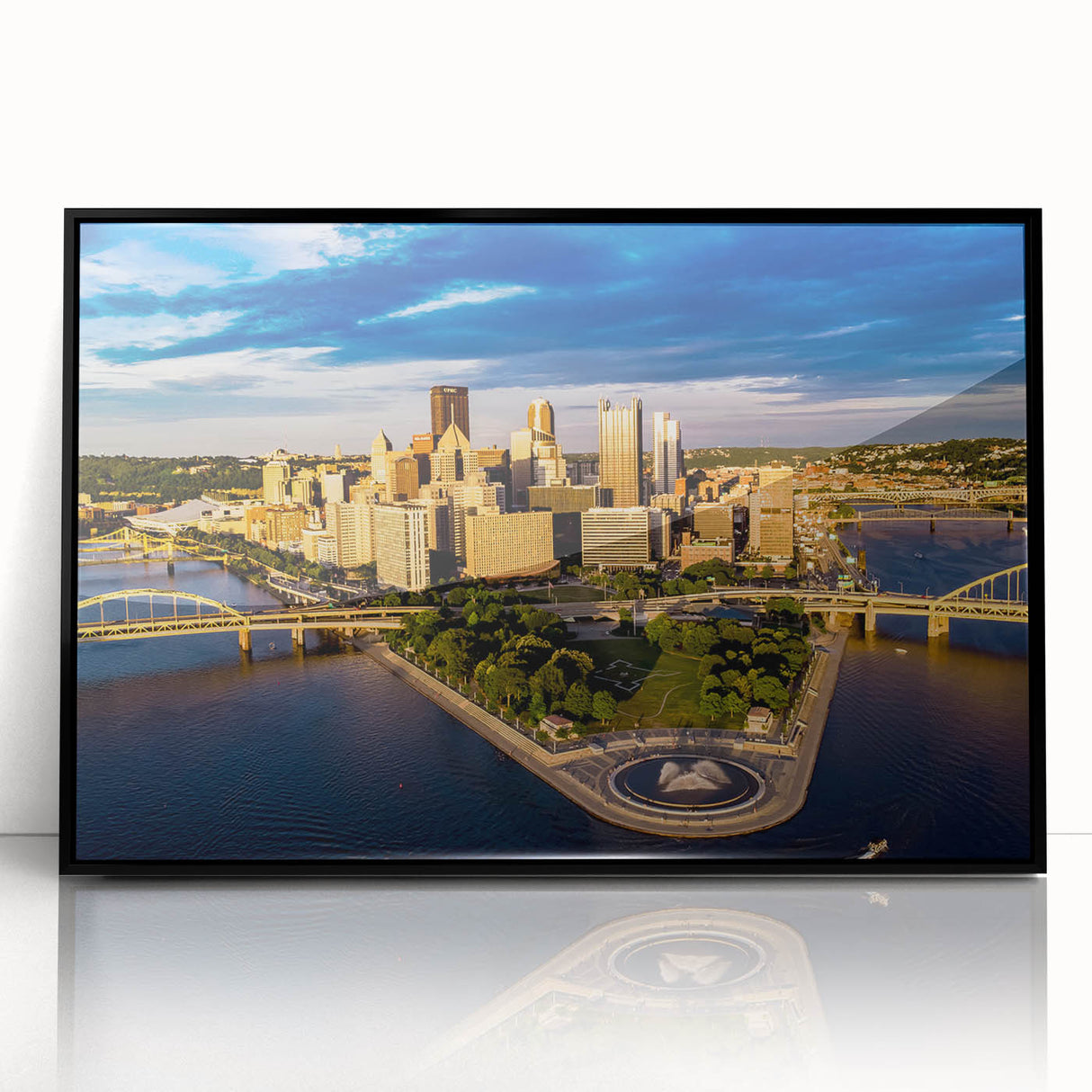 Large abstract wall art depicting Pittsburgh skyline in muted gray and blue tones on framed acrylic.
