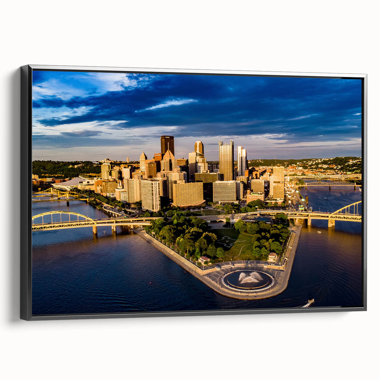 Framed canvas featuring a black and white landscape of the Pittsburgh skyline, suitable for bedroom wall decor.