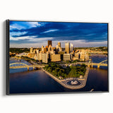 Framed canvas featuring a black and white landscape of the Pittsburgh skyline, suitable for bedroom wall decor.