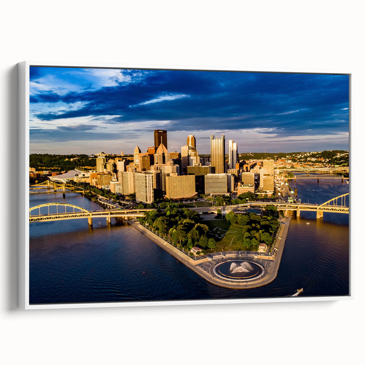 Vintage poster art of Pittsburgh skyline in vibrant colors on a large framed canvas, ideal for living room decor.