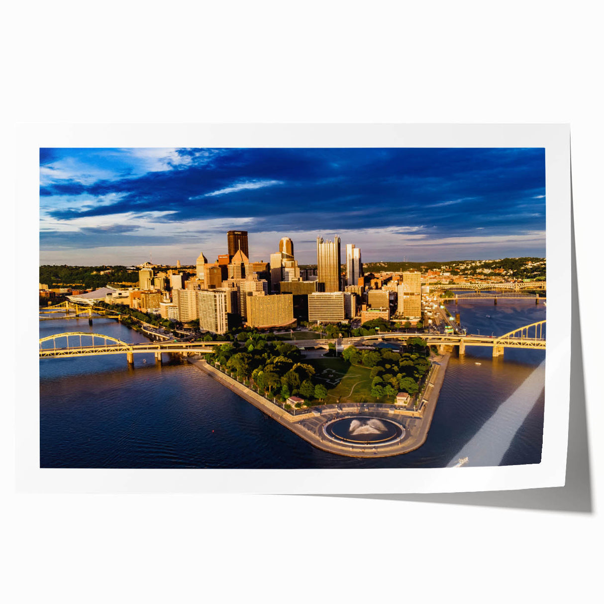 Panoramic view of Pittsburgh skyline in muted gray tones on a rolled canvas, suitable for art wall dining room.