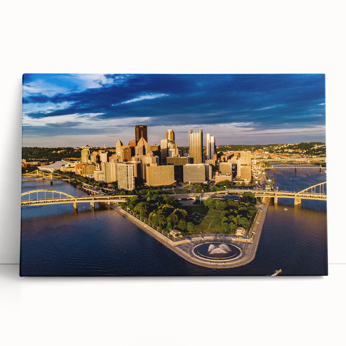 Black and white panoramic view of the Pittsburgh skyline on a large stretched canvas, ideal for kitchen wall art.