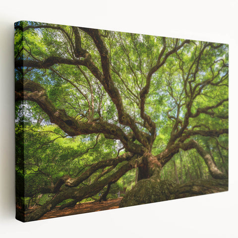 Side view of a stretched canvas depicting the Charleston, South Carolina skyline in muted watercolor tones.