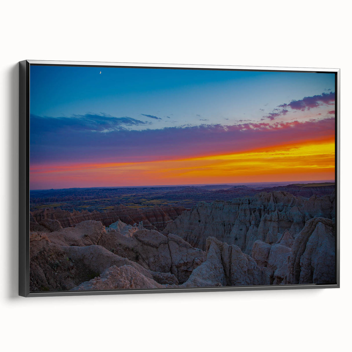 Extra large, textured depiction of South Dakota Badlands on black framed canvas, with vibrant, colorful art.
