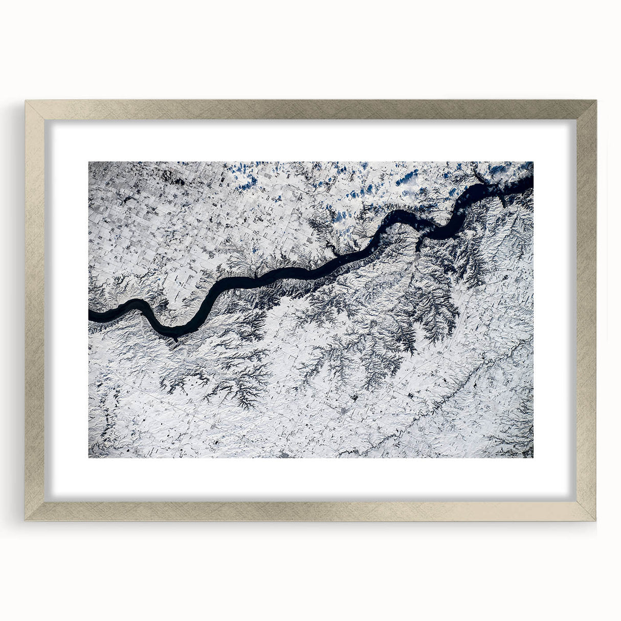 Textured abstract art print depicting South Dakota scenery in muted earth tones on a silver-framed mat.