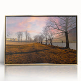 Mid-century modernist Memphis skyline in gold and teal tones, acrylic print framed, suitable for modern art wall decor.