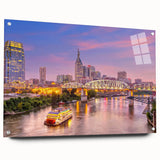 Acrylic print of Nashville skyline in muted blue and gray tones, suitable for bedroom or dining room decor.