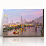 Framed acrylic print of Nashville skyline in gold and black tones, ideal for modern art wall decor.