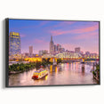 Black and white framed canvas of Nashville landscape, in a vintage poster art style, suitable for bedroom decor.