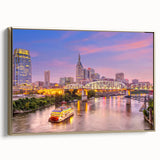 Framed canvas of Nashville skyline in muted gold and black tones, ideal for bedroom wall art.