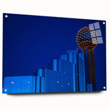 Acrylic print of Dallas skyline with vibrant twilight hues, ideal for dining room art.