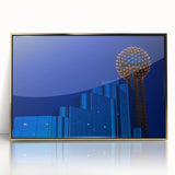 Acrylic print of Dallas skyline in muted gold tones, framed, ideal for modern art wall decor.
