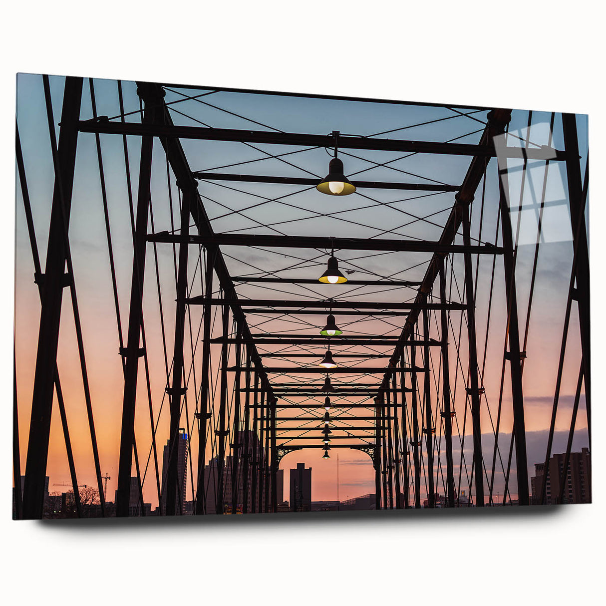 Acrylic print of a large abstract depiction of the San Antonio skyline in muted blue and gray tones.