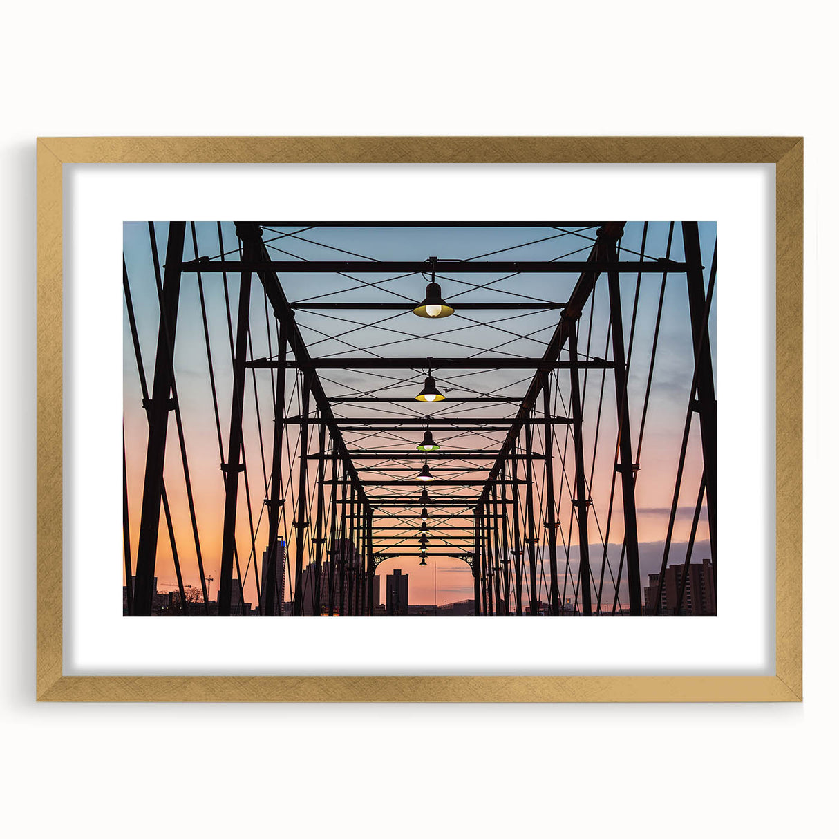 Extra large abstract art print of San Antonio skyline in gold frame, ideal for living room decor.