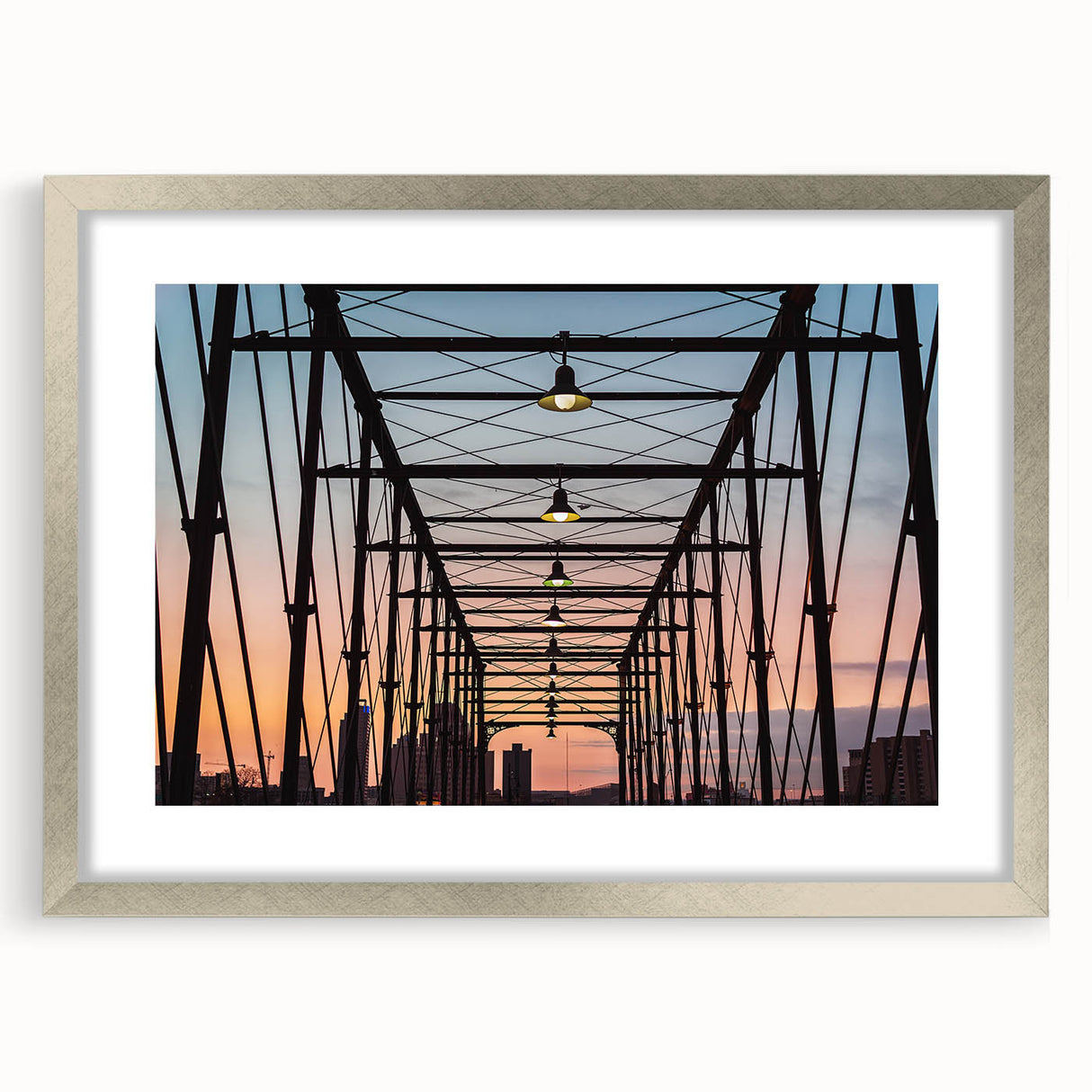 Textured art print of San Antonio skyline in muted gray and blue tones on a framed silver mat, suitable for bedroom decor.