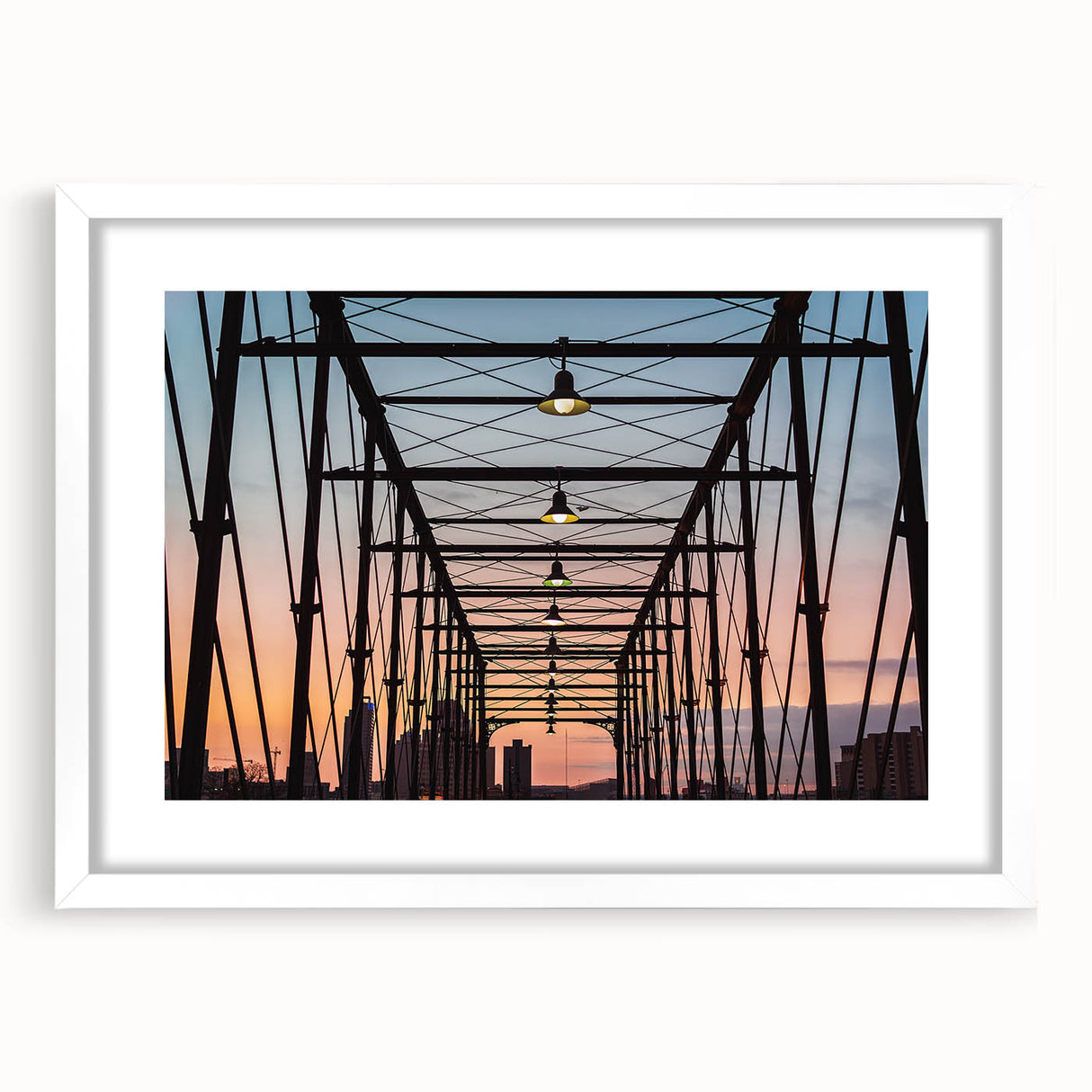 Abstract art print of San Antonio skyline in muted gray and blue tones on a framed white mat, ideal for dining room decor.