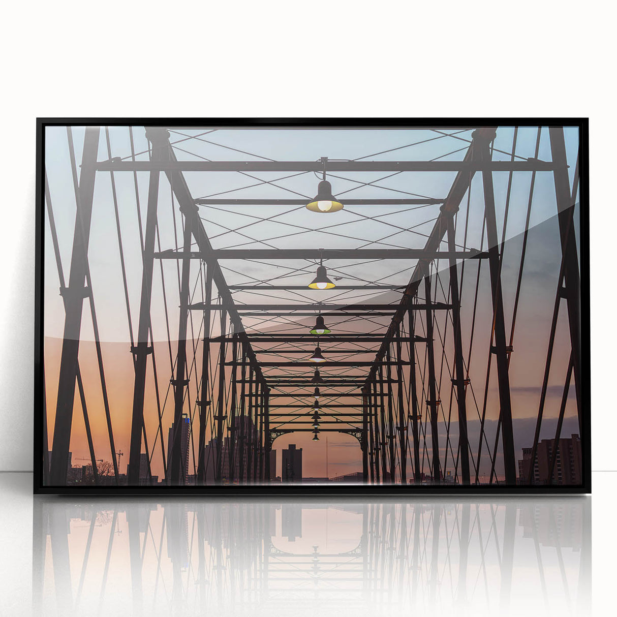 Large abstract wall art of San Antonio skyline in muted gray and blue tones on a framed acrylic.