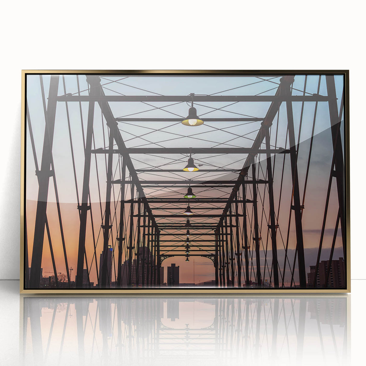 Mid-century modernist art of San Antonio skyline in muted gold tones on framed acrylic, suitable for modern art wall decor.