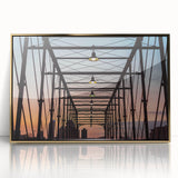 Mid-century modernist art of San Antonio skyline in muted gold tones on framed acrylic, suitable for modern art wall decor.