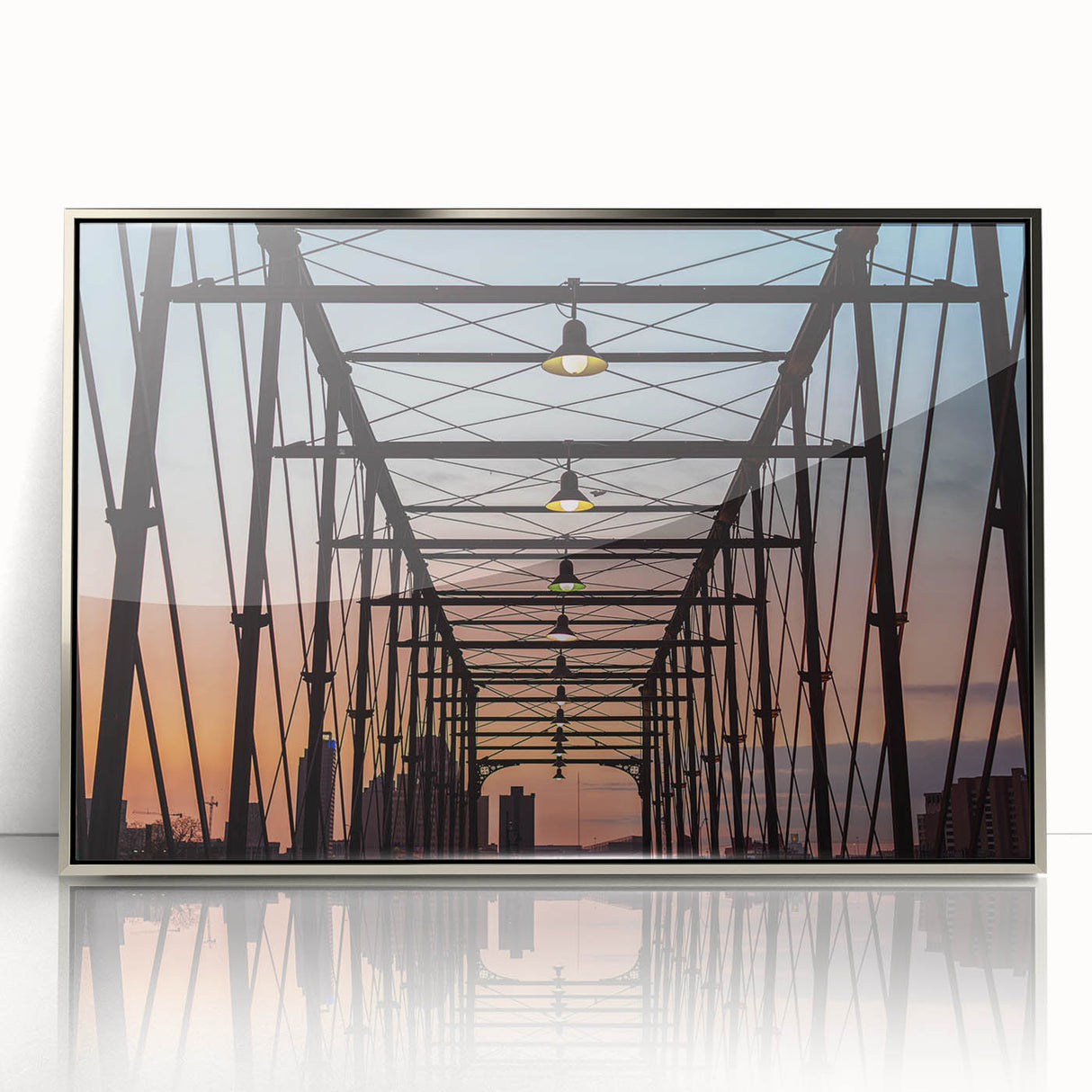 Mid-century modernist art of San Antonio skyline in muted blue tones, framed acrylic print, ideal for modern art wall decor.