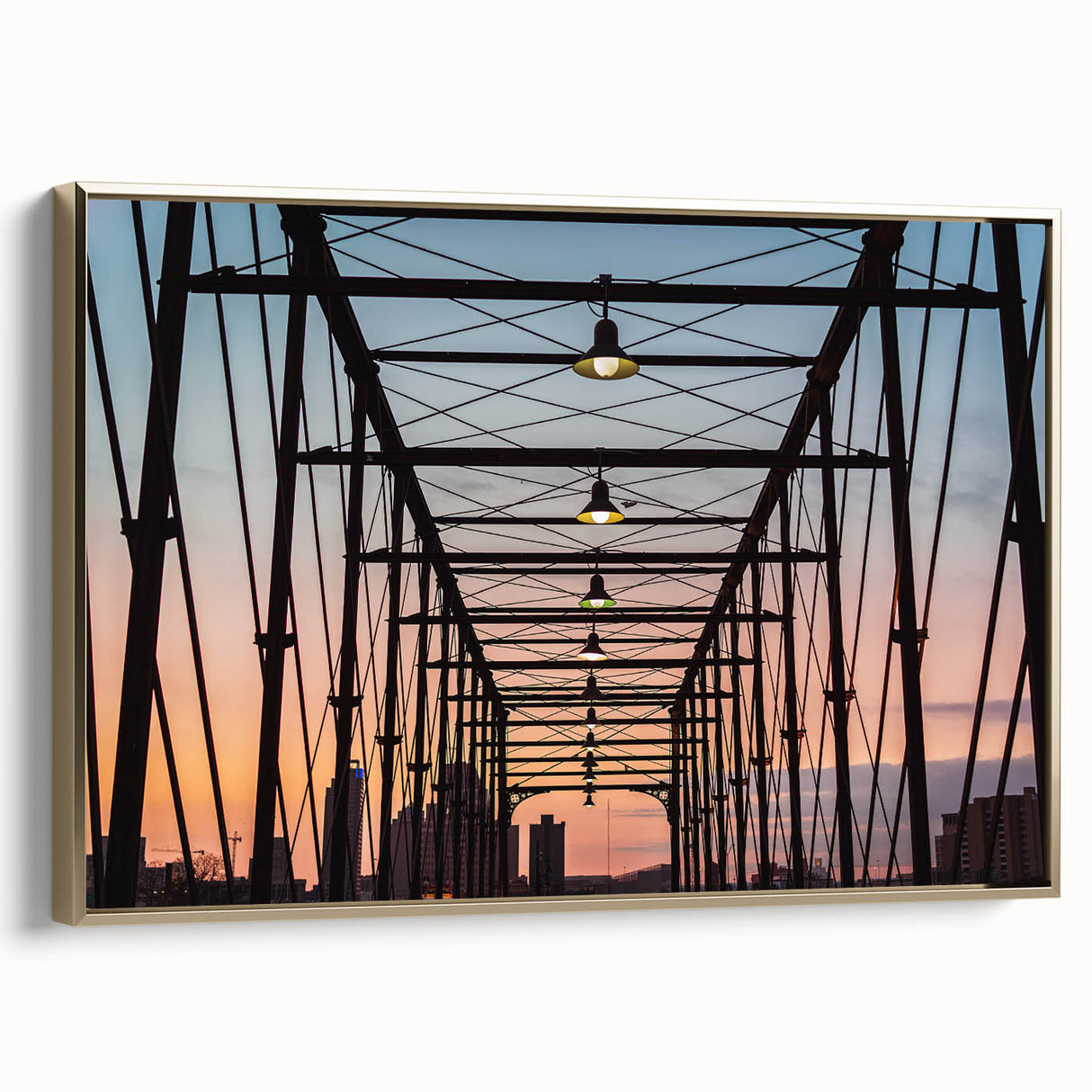 Framed canvas wall art featuring a vintage-style landscape of San Antonio, Texas in muted gold and black tones.