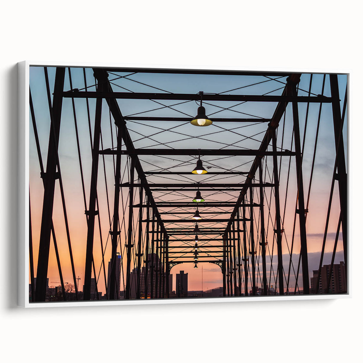 Vintage poster art of San Antonio skyline in colorful hues on a large framed canvas, suitable for living room decor.