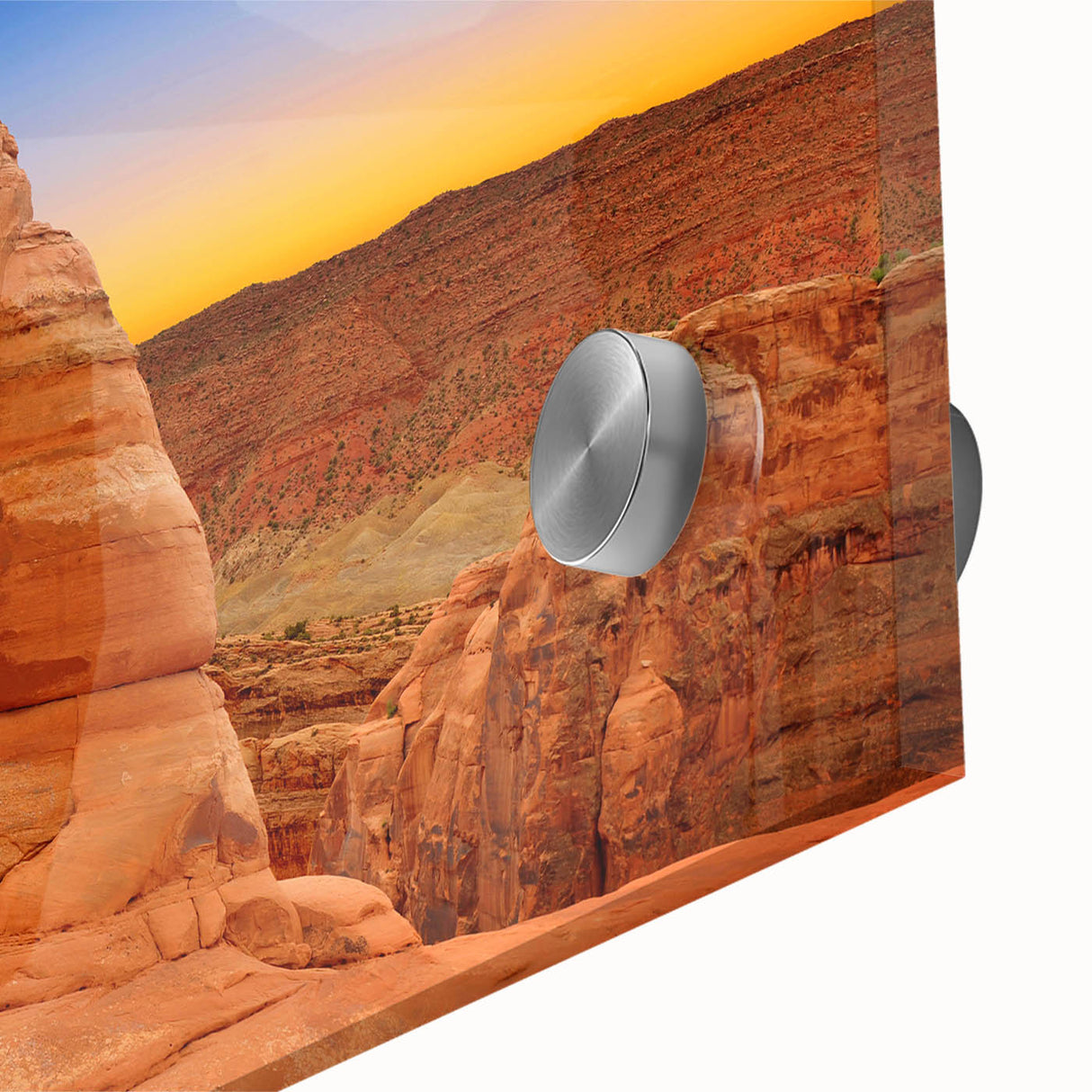 Mid-century modernist large abstract art print of Arches National Park, Utah, in muted earth tones on acrylic glass.