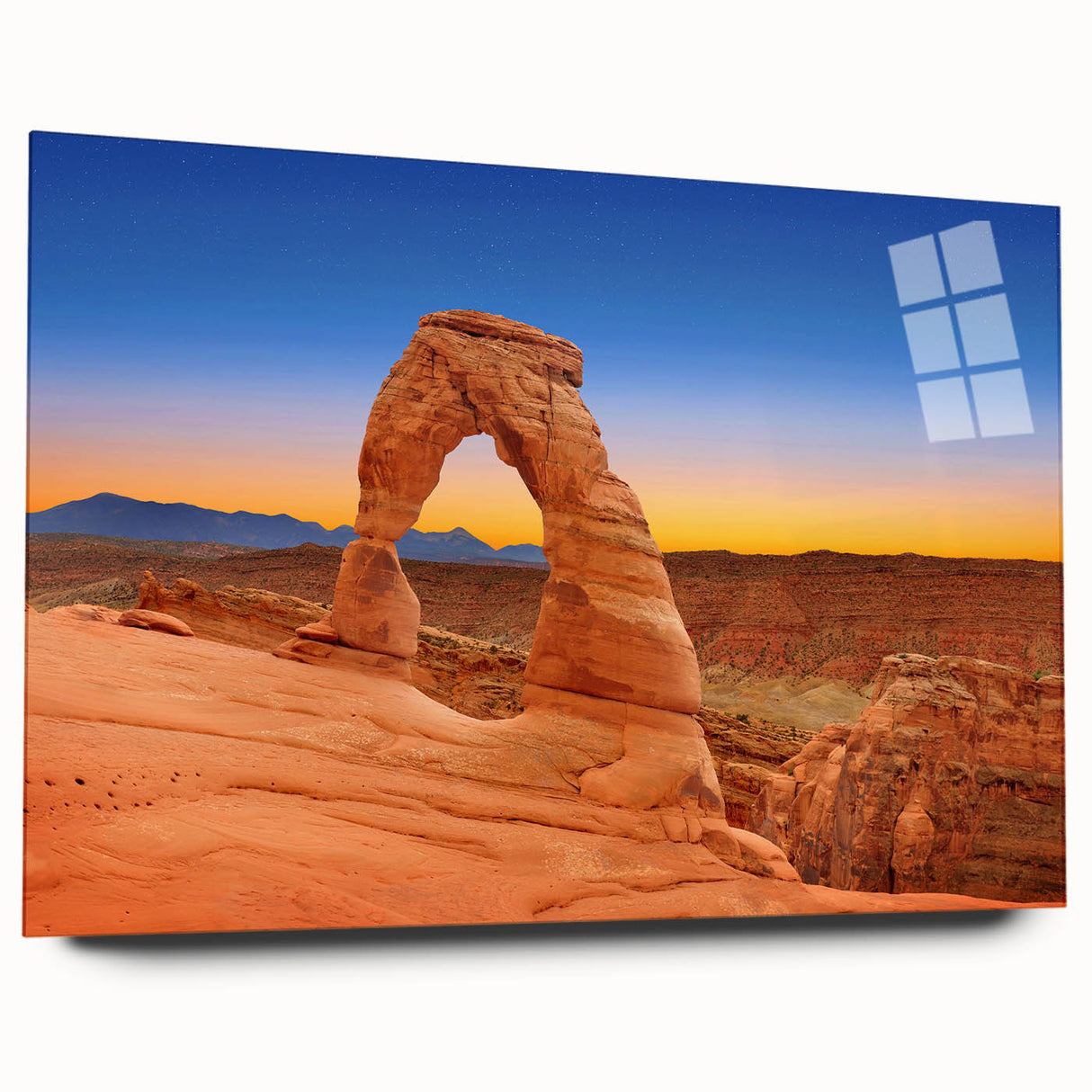 Large abstract wall art of Arches National Park in Utah, depicted in earth tones on acrylic glass.