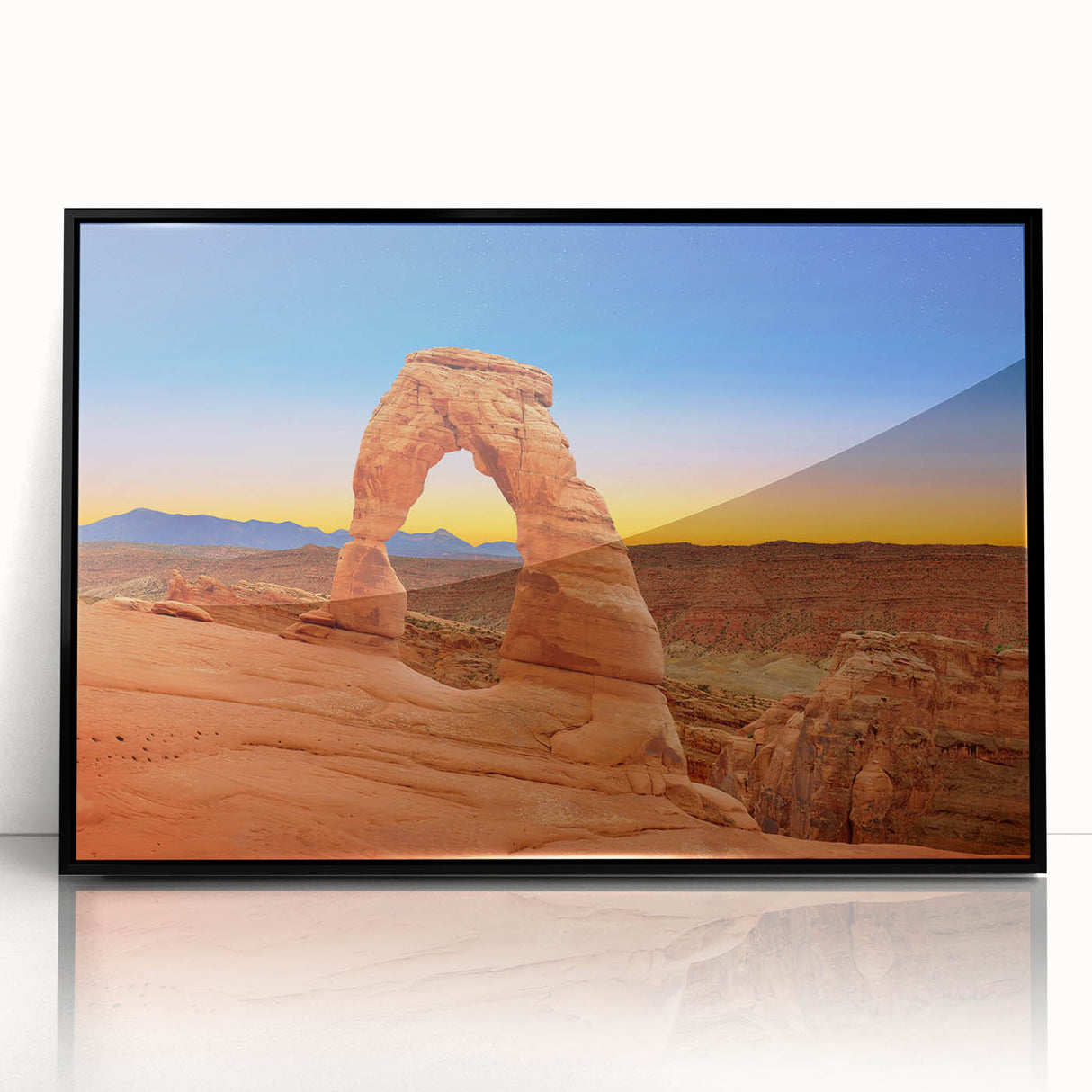 Framed acrylic print of a large abstract depiction of Arches National Park in muted earth tones.