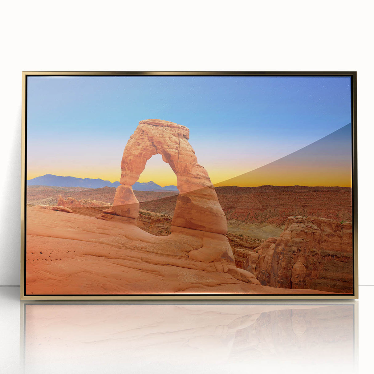 Mid-century modernist large art print of Arches National Park in Utah, framed in acrylic with gold tones.