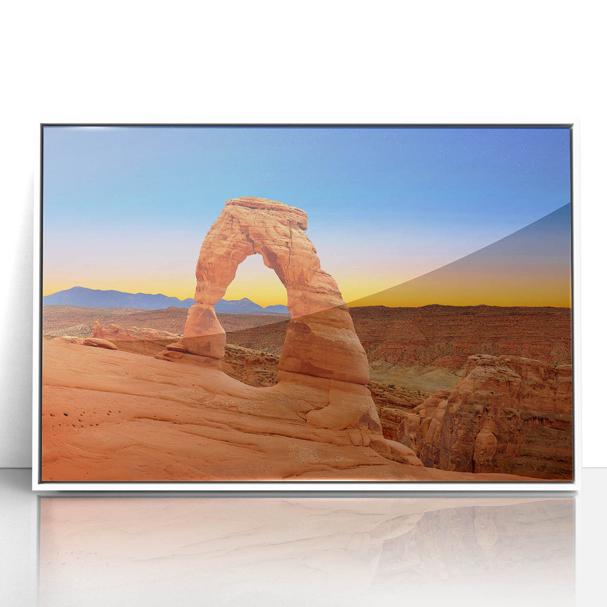 Arches National Park in Utah depicted in art deco style on a white-framed acrylic print, suitable for modern art wall decor.