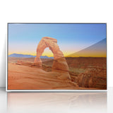 Arches National Park in Utah depicted in art deco style on a white-framed acrylic print, suitable for modern art wall decor.