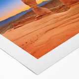 Art deco poster of Arches National Park in muted earth tones on rolled canvas, suitable for dining room decor.