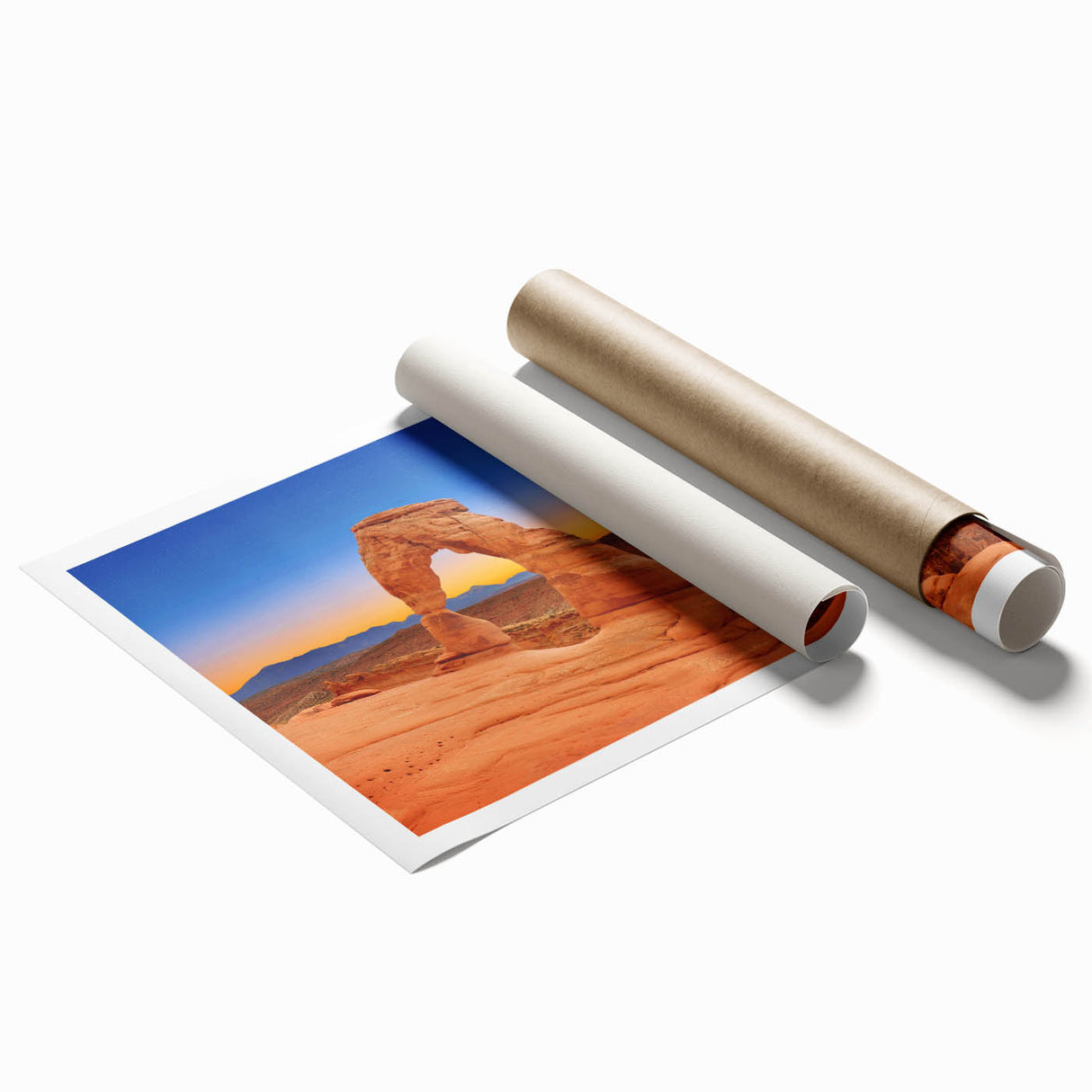 Rolled print of Arches National Park in muted earth tones, ideal for classy bathroom wall art.