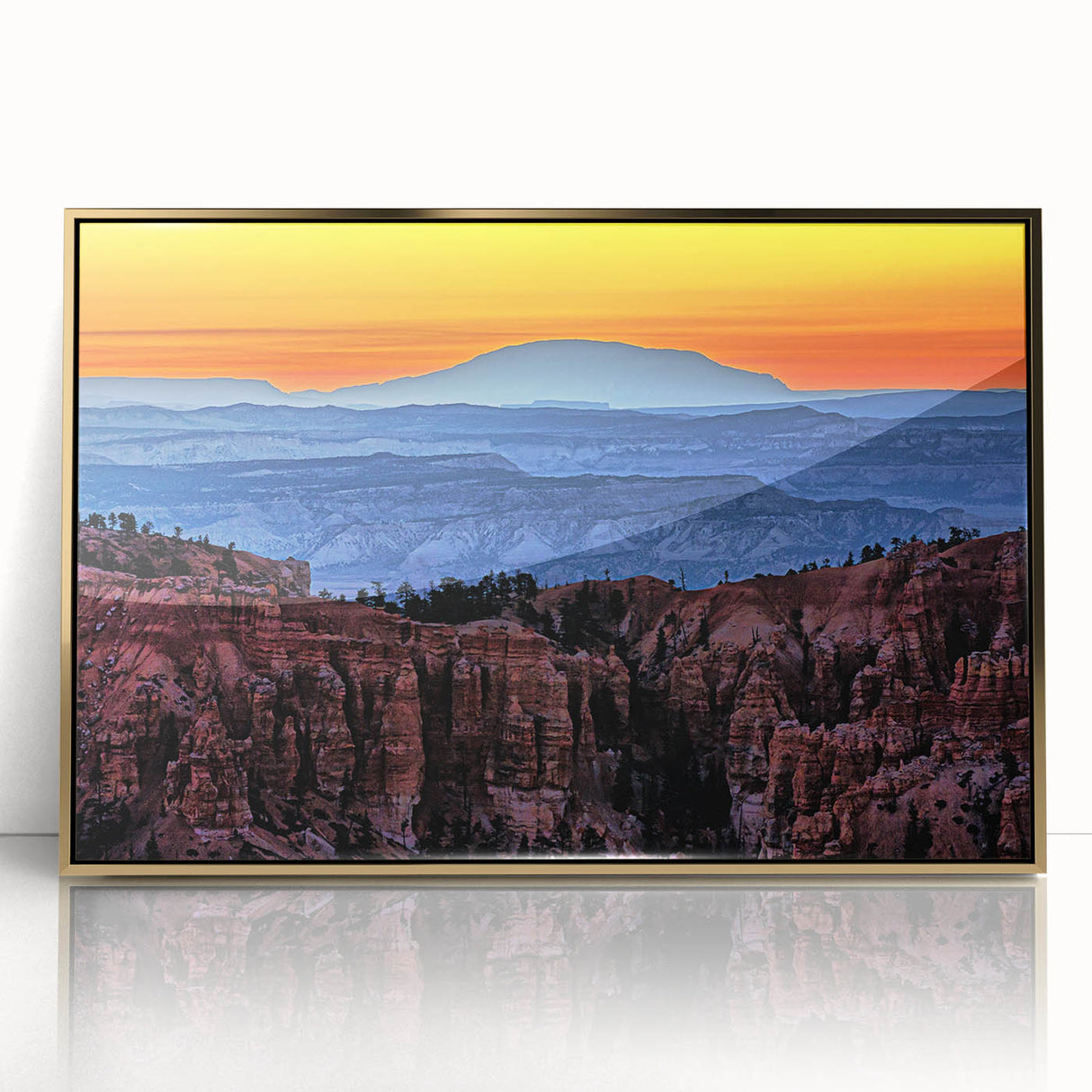 Large art print of Bryce Canyon in vibrant orange and red hues on a framed acrylic, ideal for modern art wall decor.