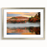 Textured abstract art print depicting a serene Vermont landscape in muted green and blue tones, framed in silver.