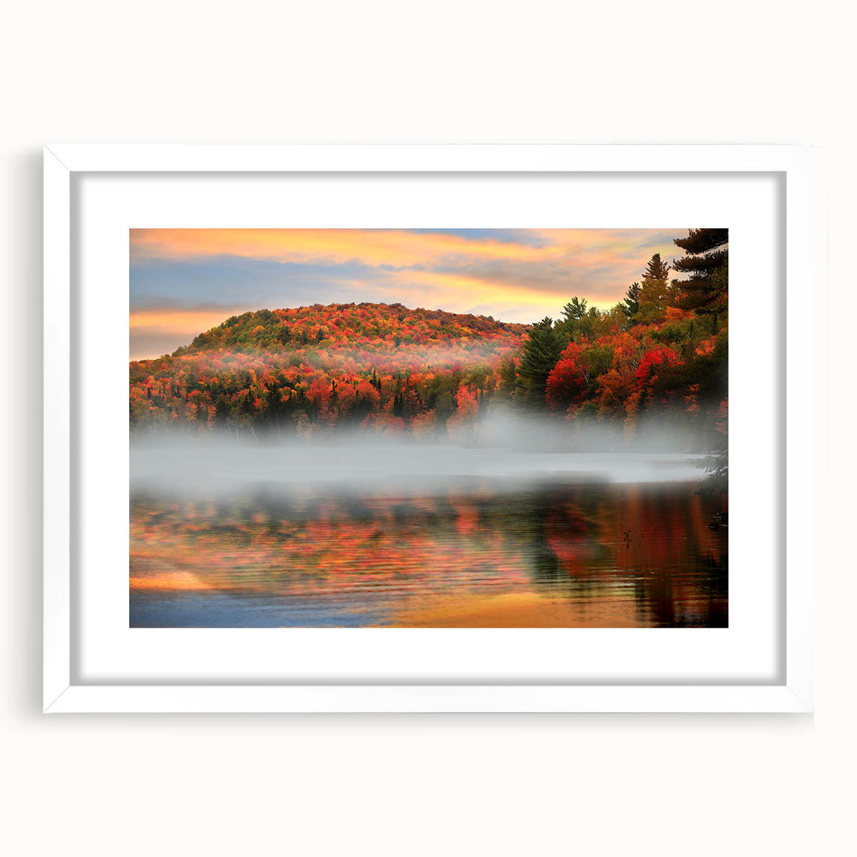 Abstract art print depicting a serene Vermont landscape in soft pastel shades, framed with a white mat.