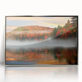 Mid-century modernist art depicting a serene Vermont landscape in muted earth tones on a framed acrylic print.