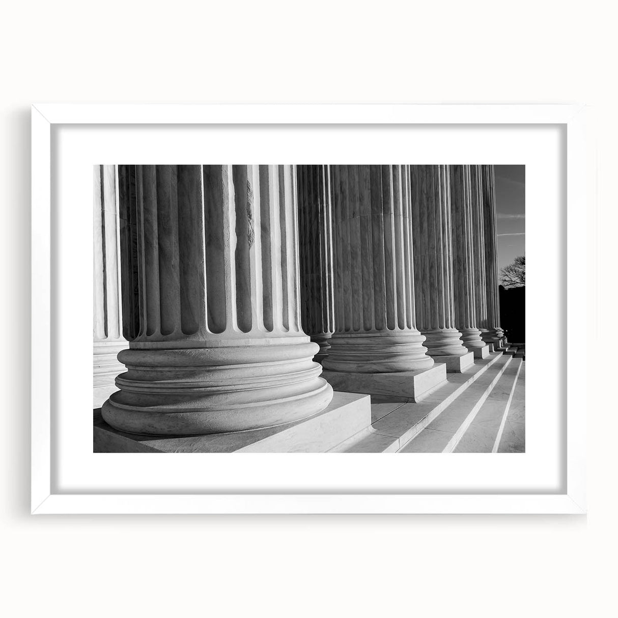 Abstract art print of Washington D.C. Capitol in muted gray tones, framed with a white mat, ideal for dining room decor.