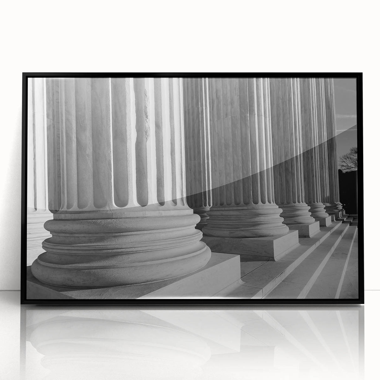 Large abstract wall art of the Washington DC Capitol in muted gray tones, framed in black acrylic.