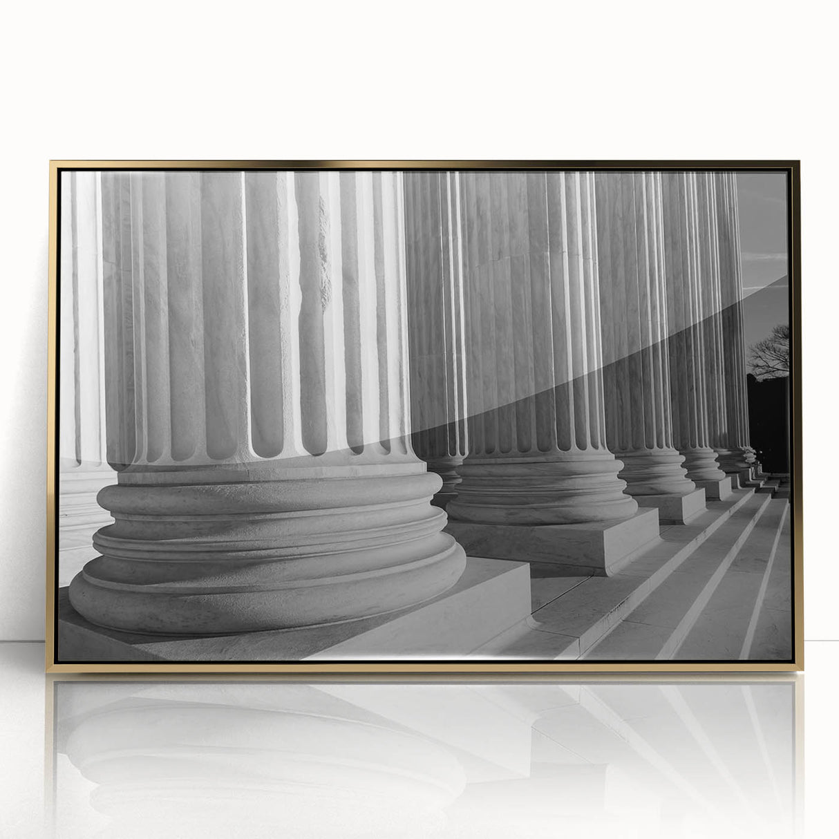 Framed acrylic print of the Washington DC Capitol in muted gold and gray tones, styled in mid-century modernist art.