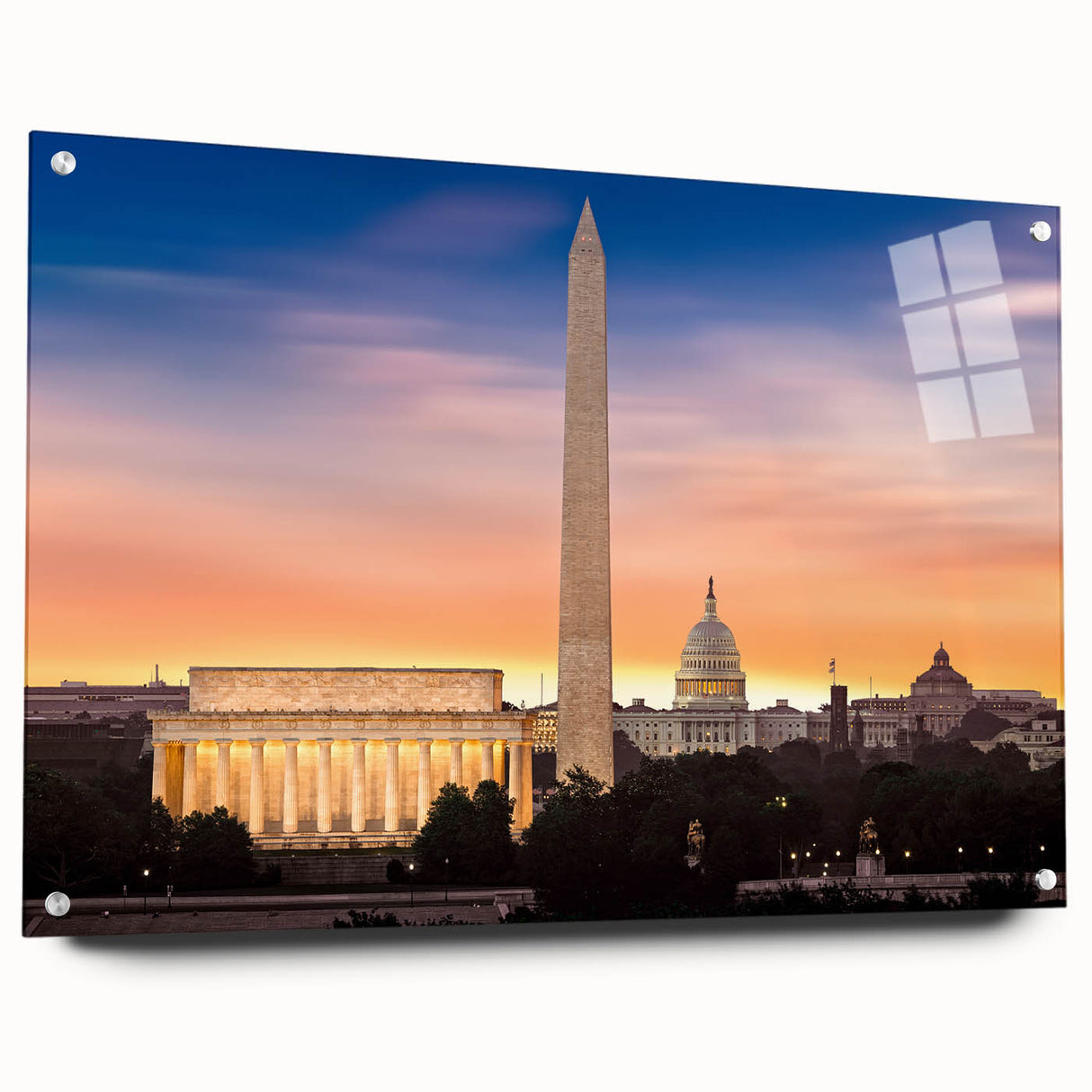 Acrylic print of the Washington DC skyline featuring the Lincoln Memorial in muted blue and gray tones.