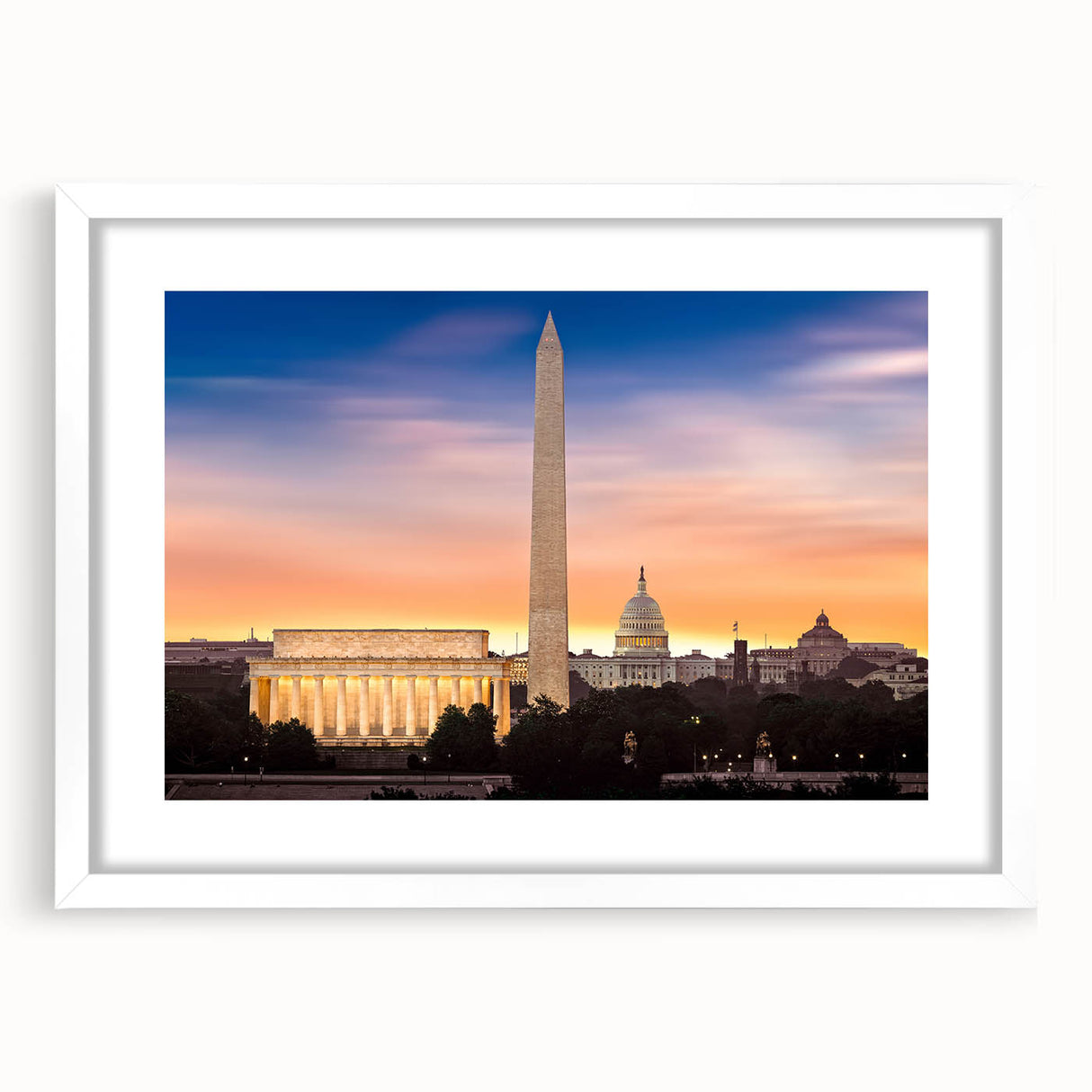 Abstract art print of the Lincoln Memorial in muted gray and blue tones, framed with a white mat.