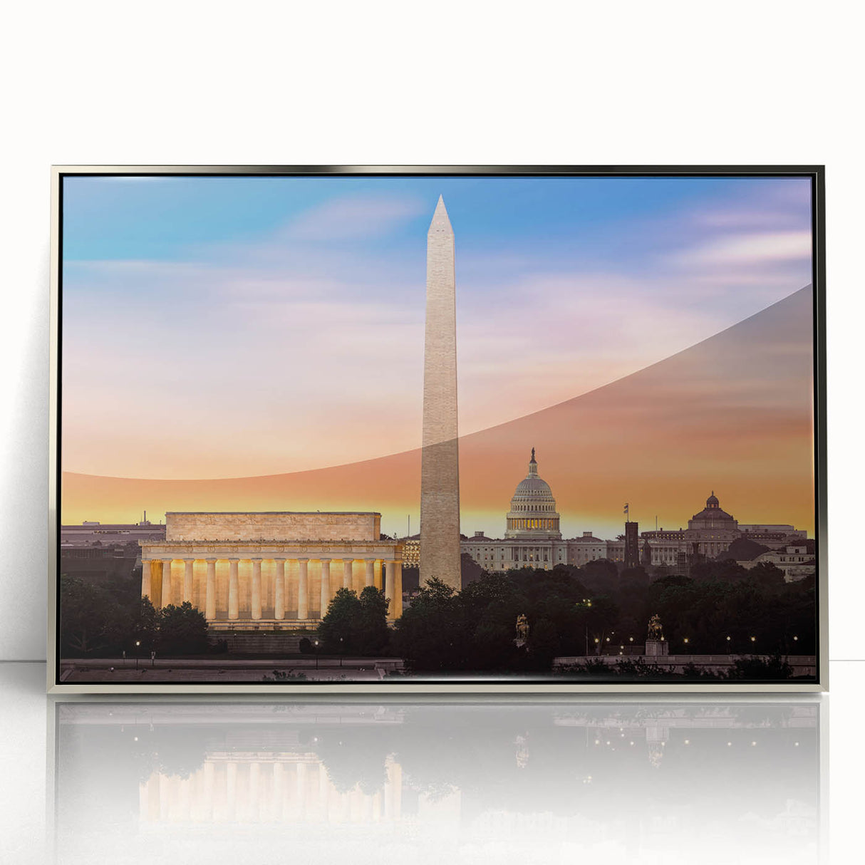 Mid-century modernist art of Lincoln Memorial in muted colors on a framed acrylic, suitable for modern art wall decor.