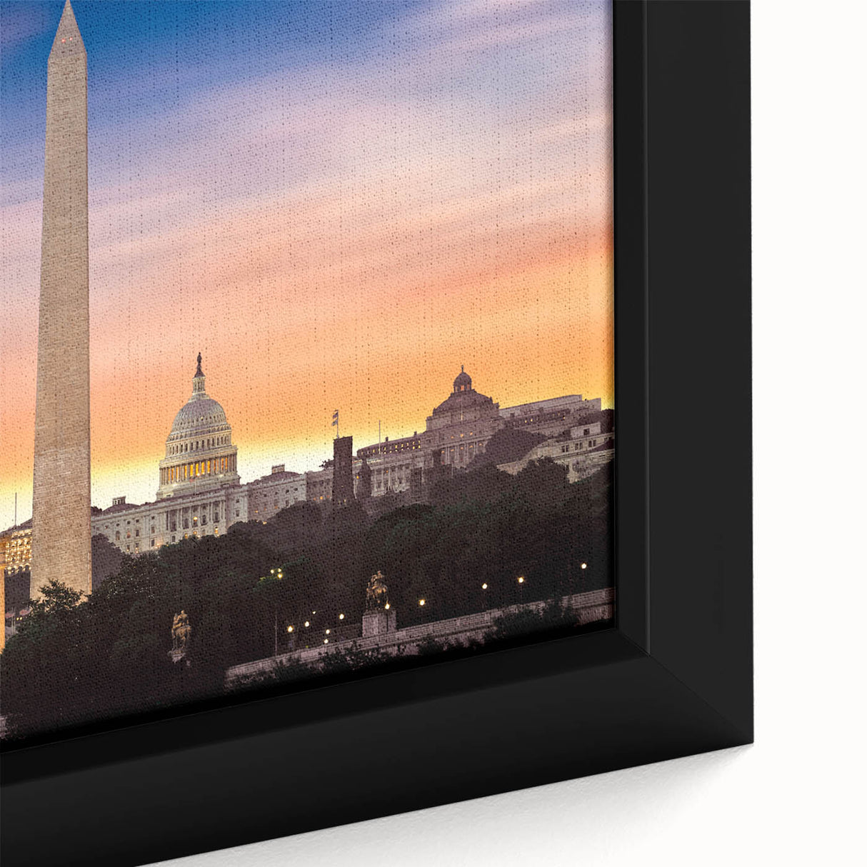 Extra large framed canvas of a textured black wall art depicting Washington DC's Lincoln Memorial, with colorful accents.