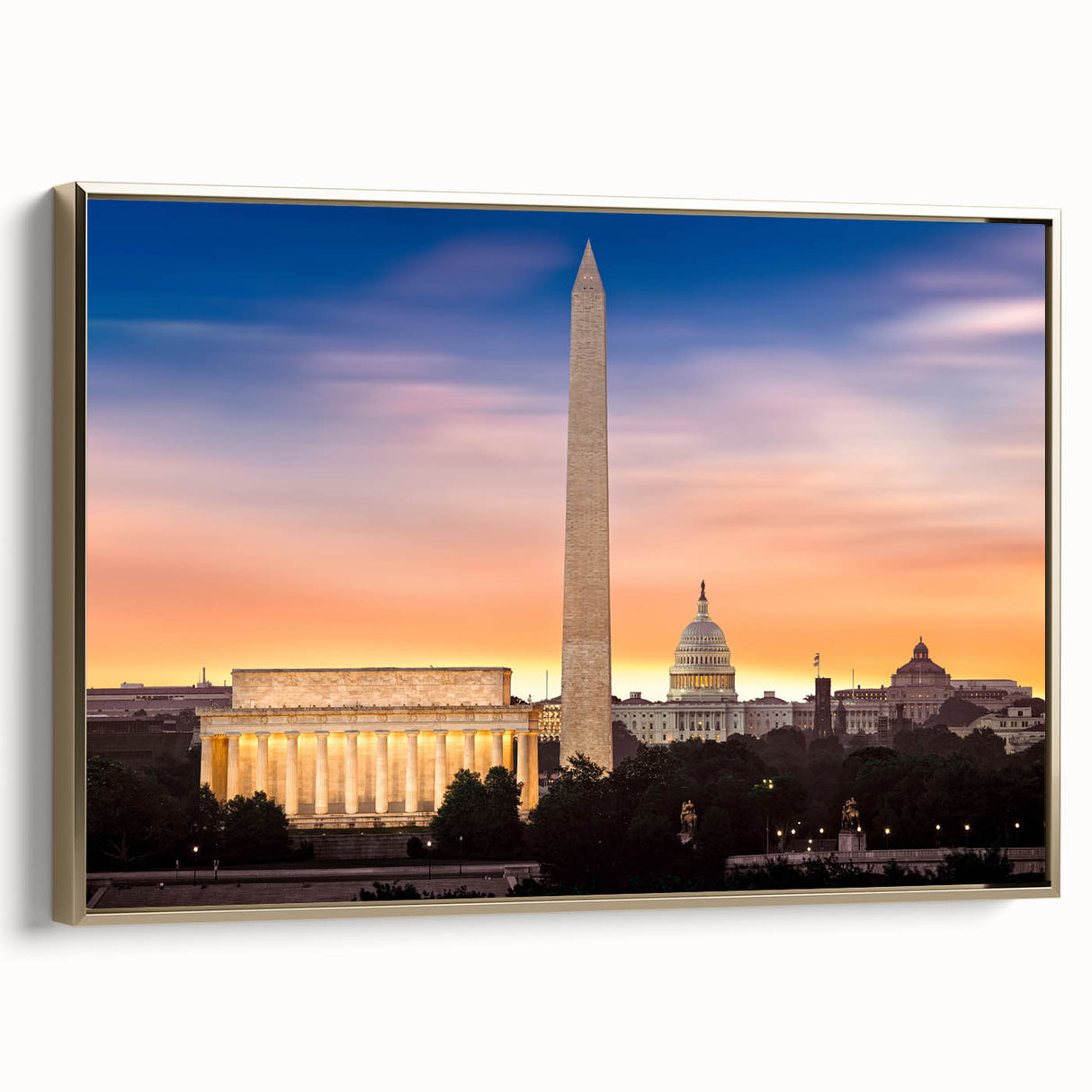 Vintage poster art of Washington DC with Lincoln Memorial in black and gold tones on framed canvas.