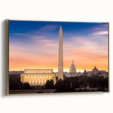 Vintage poster art of Washington DC with Lincoln Memorial in black and gold tones on framed canvas.