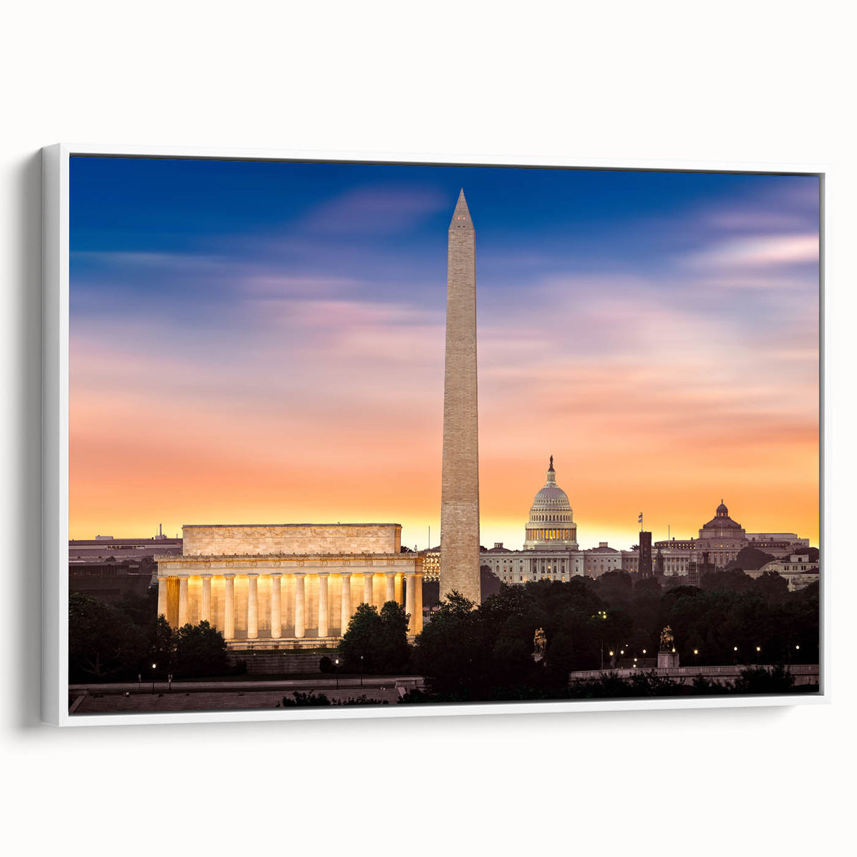Framed vintage poster art of the Lincoln Memorial in muted grayscale, ideal for living room decor.