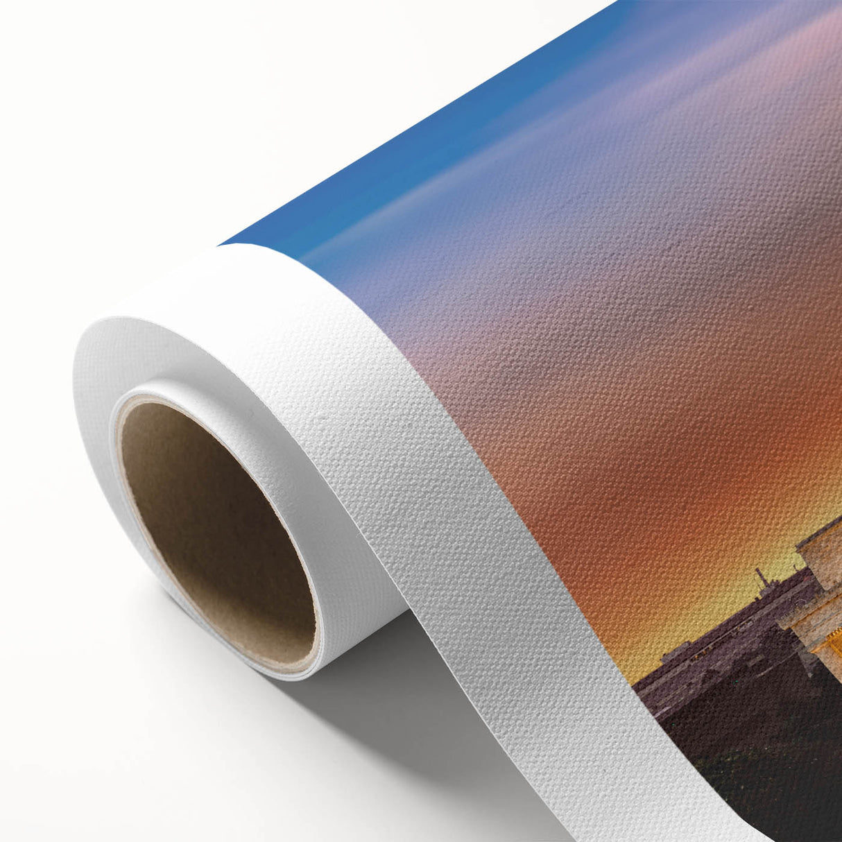 Art deco poster of Washington DC Lincoln Memorial in muted tones on rolled canvas.